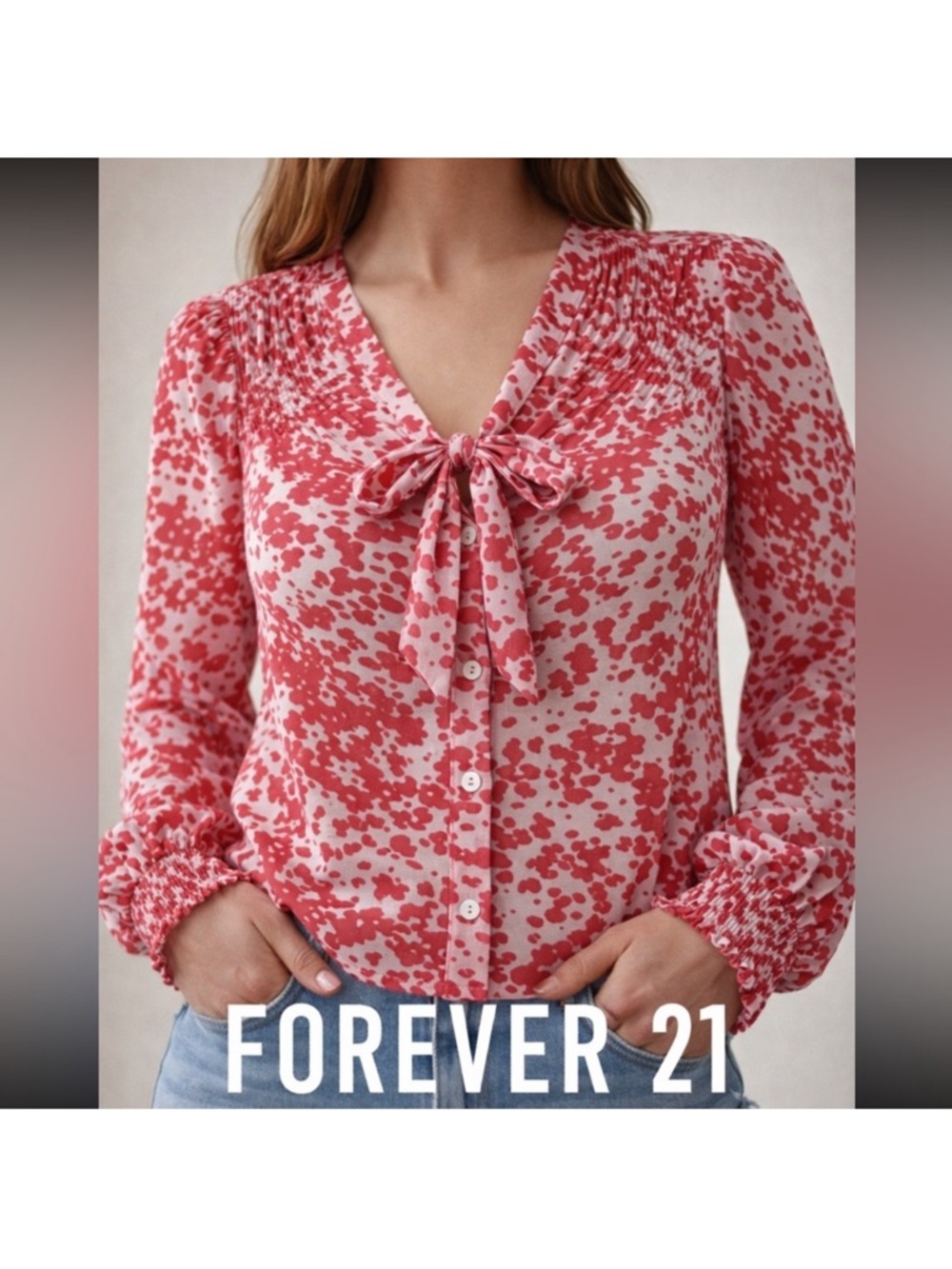 Forever 21 Pink Floral Tie-Neck Blouse
